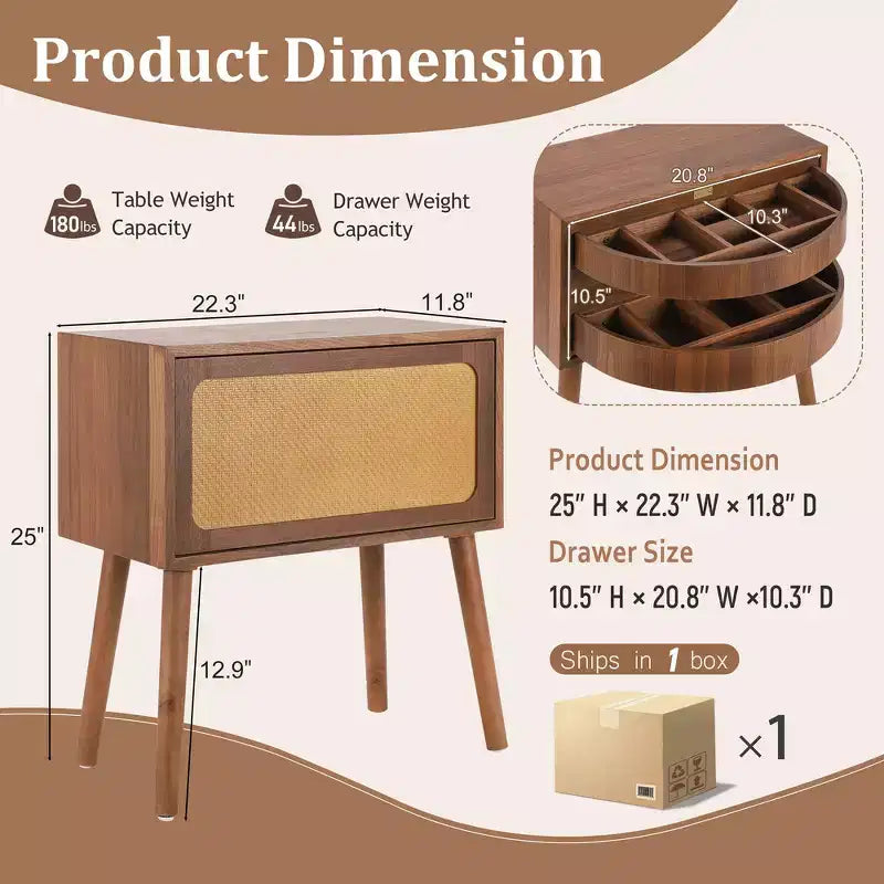 Table de chevet Whisen en rotin avec tiroir basculant et compartiments cachés, pieds hauts pour chambre et salon
