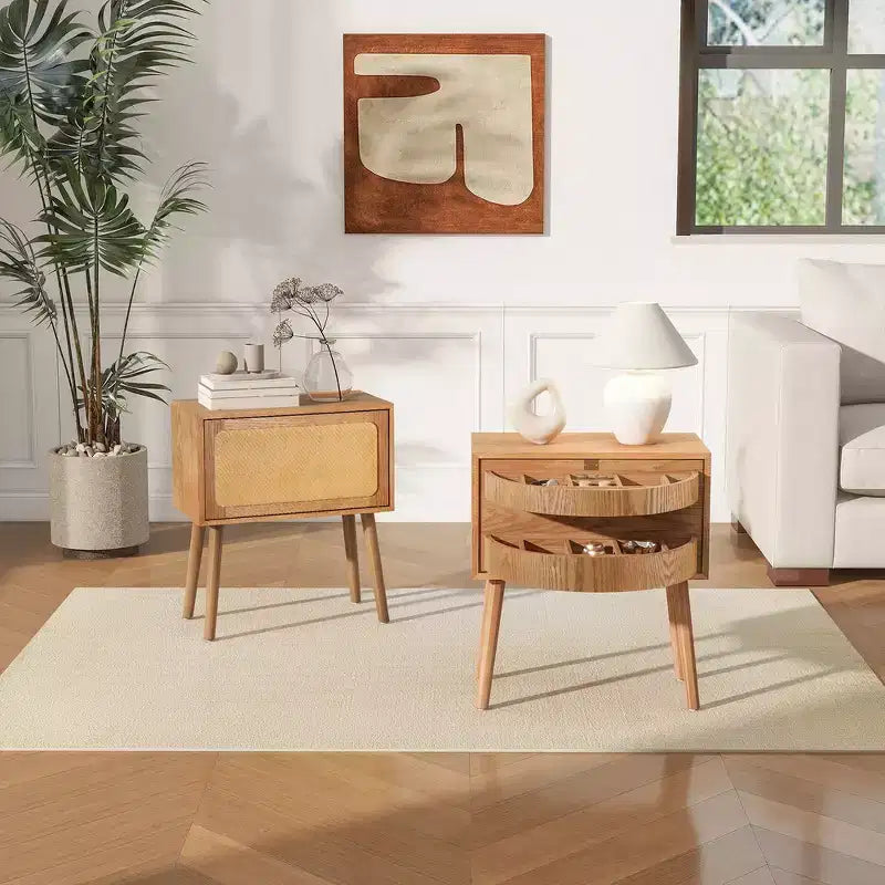 Table de chevet Whisen en rotin avec tiroir basculant et compartiments cachés, pieds hauts pour chambre et salon