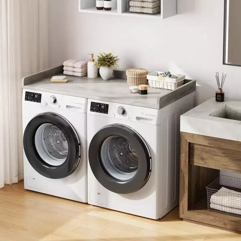 Comptoir Lave-linge Sèche-linge, Plan de Travail pour Lave-linge et Sèche-linge avec Patins Antidérapants et Rails de Bord Arrondis, 54,3 x 27,6, Organisation de Buanderie
