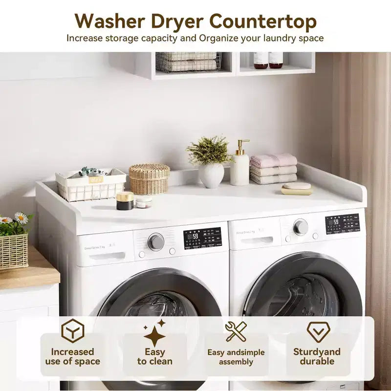 Comptoir Lave-linge Sèche-linge, Plan de Travail pour Lave-linge et Sèche-linge avec Patins Antidérapants et Rails de Bord Arrondis, 54,3 x 27,6, Organisation de Buanderie