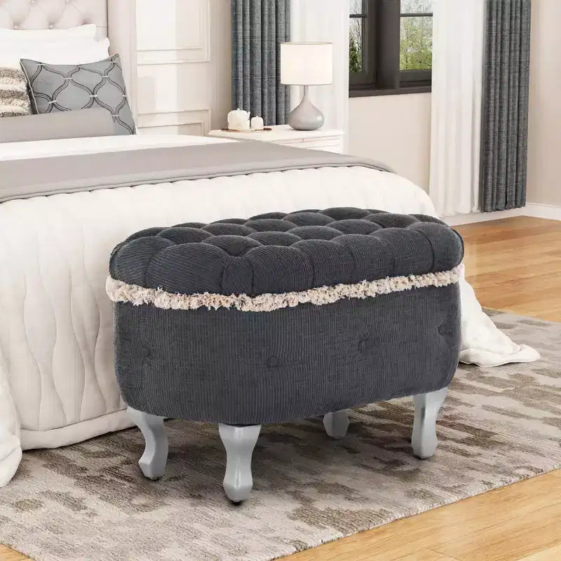 Banc de rangement capitonné Whisen 29,5'' avec détails à pompons, revêtement en tissu doux pour chambre et entrée