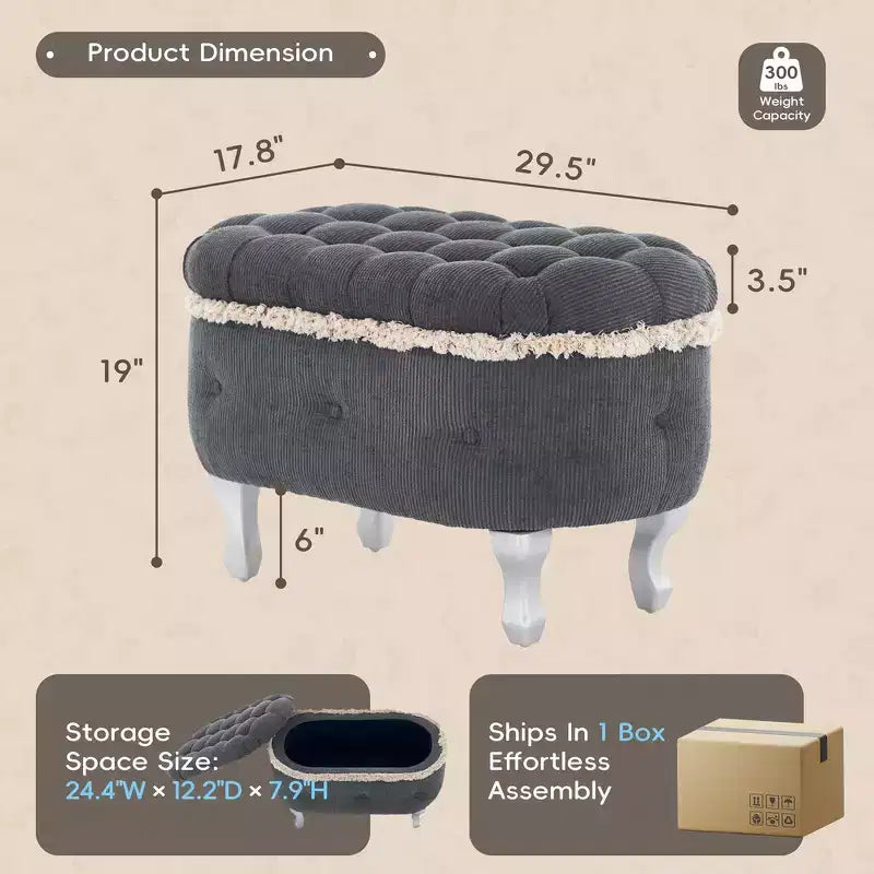 Banc de rangement capitonné Whisen 29,5'' avec détails à pompons, revêtement en tissu doux pour chambre et entrée