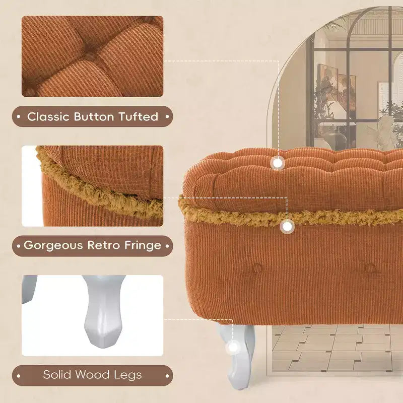 Banc de rangement capitonné Whisen 29,5'' avec détails à pompons, revêtement en tissu doux pour chambre et entrée
