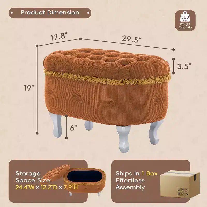 Banc de rangement capitonné Whisen 29,5'' avec détails à pompons, revêtement en tissu doux pour chambre et entrée