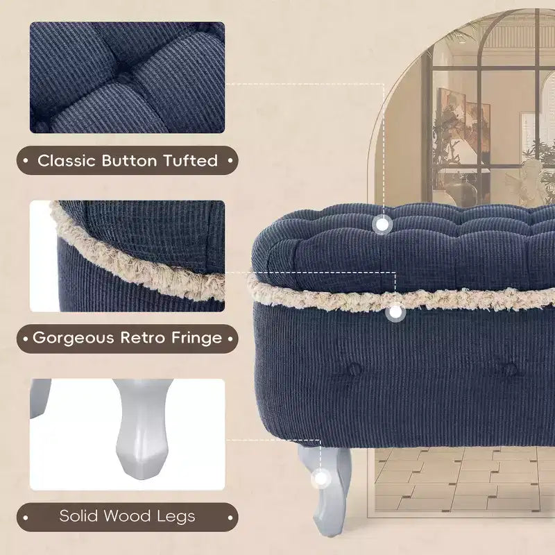 Banc de rangement capitonné Whisen 29,5'' avec détails à pompons, revêtement en tissu doux pour chambre et entrée