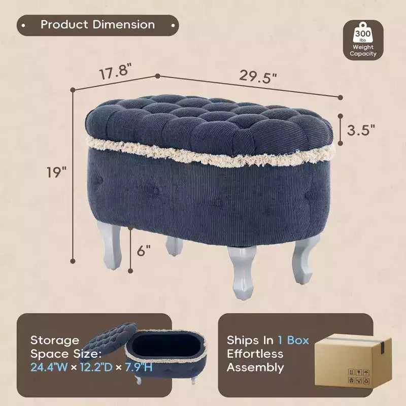 Banc de rangement capitonné Whisen 29,5'' avec détails à pompons, revêtement en tissu doux pour chambre et entrée