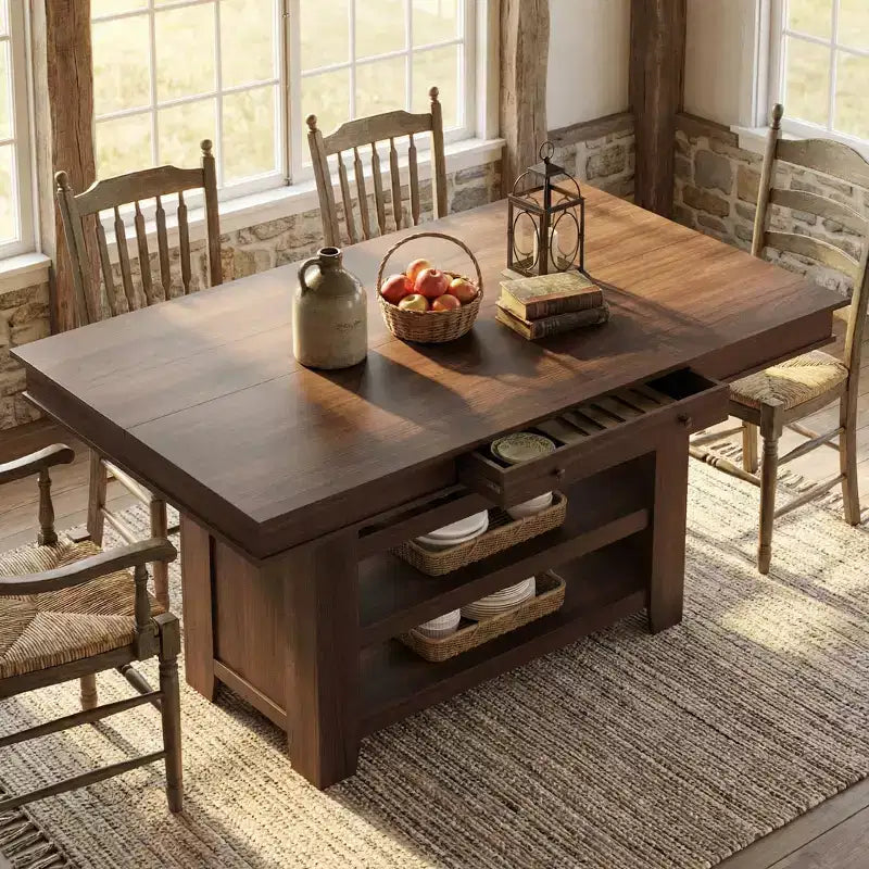 60 Counter Height Dining Table with 2 Drawers, 4-Tier Wooden Kitchen Island Table, Modern Coffee Bar Table for Kitchen, Bar & Entertaining