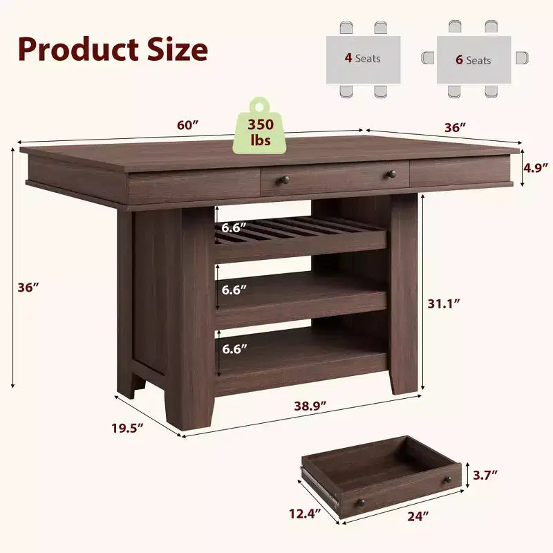 Table à manger hauteur comptoir de 60 pouces avec 2 tiroirs, îlot de cuisine en bois à 4 niveaux, table de bar à café moderne pour la cuisine, le bar et le divertissement