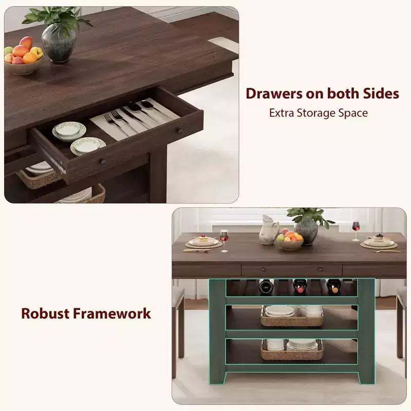Table à manger hauteur comptoir de 60 pouces avec 2 tiroirs, îlot de cuisine en bois à 4 niveaux, table de bar à café moderne pour la cuisine, le bar et le divertissement