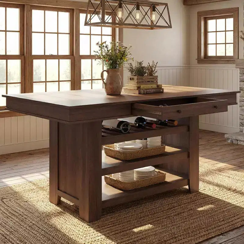 Table à manger hauteur comptoir de 60 pouces avec 2 tiroirs, îlot de cuisine en bois à 4 niveaux, table de bar à café moderne pour la cuisine, le bar et le divertissement