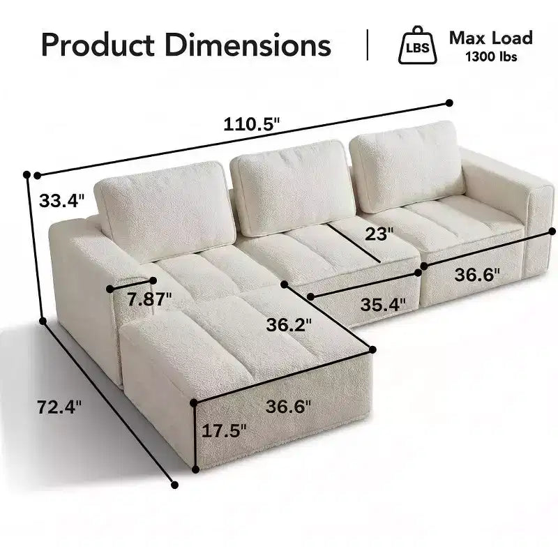 Canapé modulaire de compression Dyonery en peau d'agneau, combinable de manière flexible et adapté à quatre personnes, ne nécessitant aucun assemblage.
