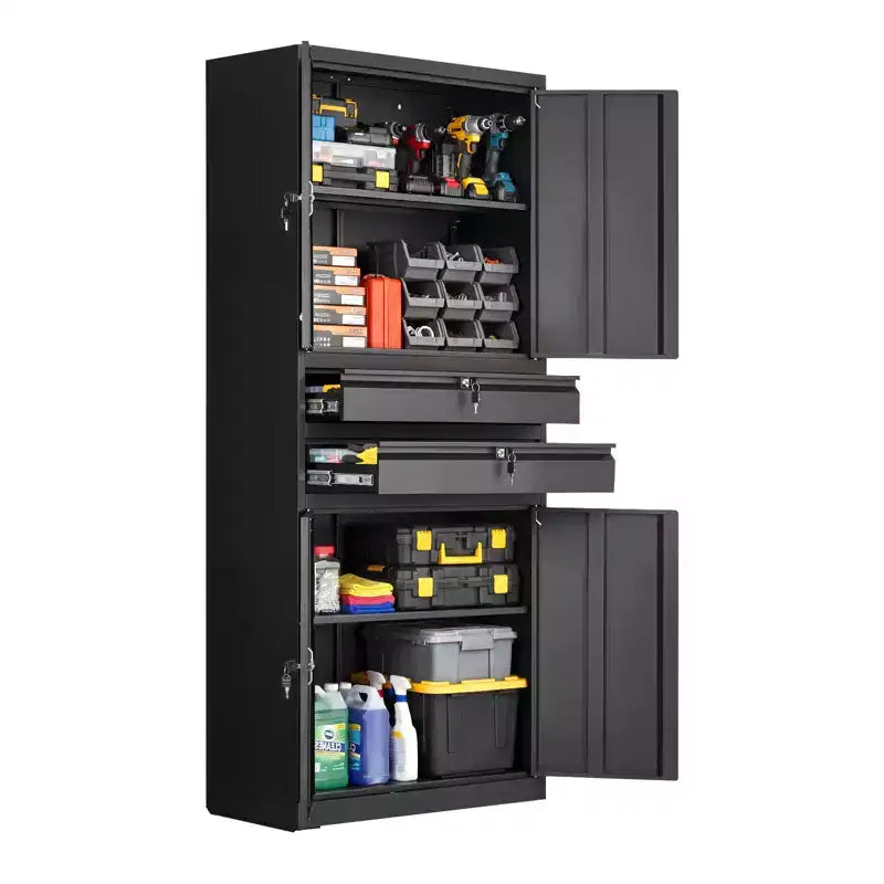 VEVOR Metal Storage Cabinet, 180 lbs Shelf Load Capacity, 70.87 Tall Garage Tool Storage Cabinet with 4 Locking Doors and Shelves, 2 Drawers, Black
