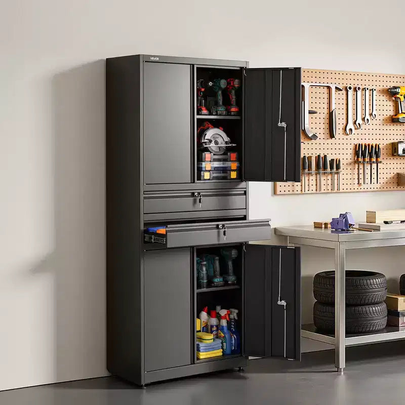 VEVOR Metal Storage Cabinet, 180 lbs Shelf Load Capacity, 70.87 Tall Garage Tool Storage Cabinet with 4 Locking Doors and Shelves, 2 Drawers, Black