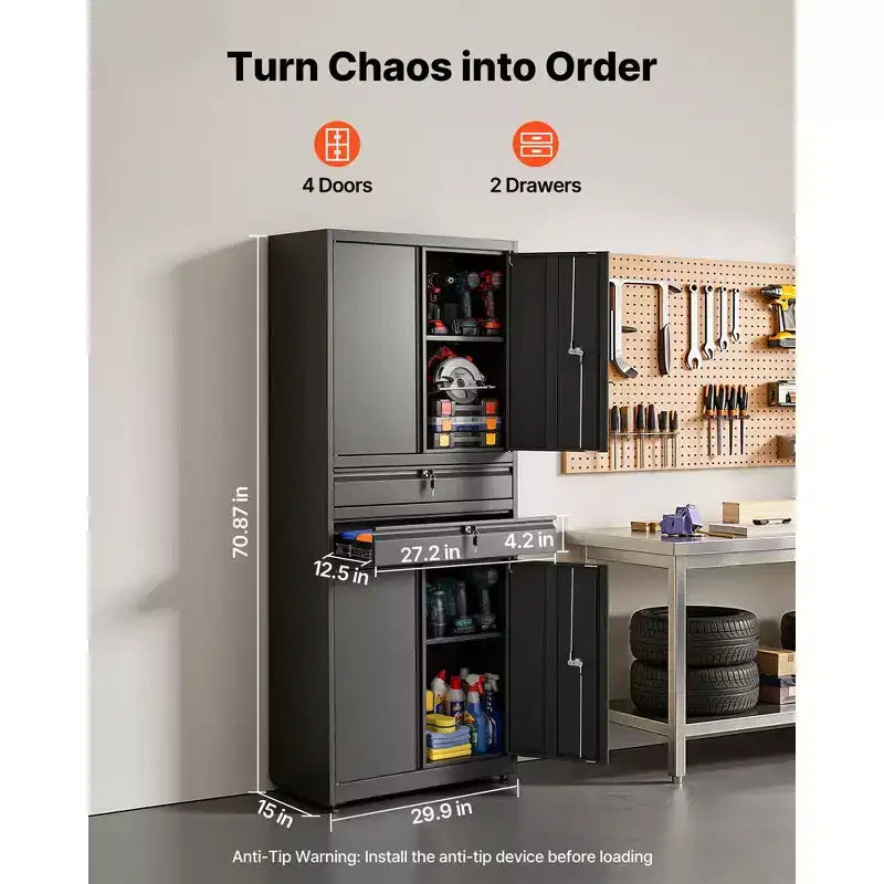 VEVOR Metal Storage Cabinet, 180 lbs Shelf Load Capacity, 70.87 Tall Garage Tool Storage Cabinet with 4 Locking Doors and Shelves, 2 Drawers, Black