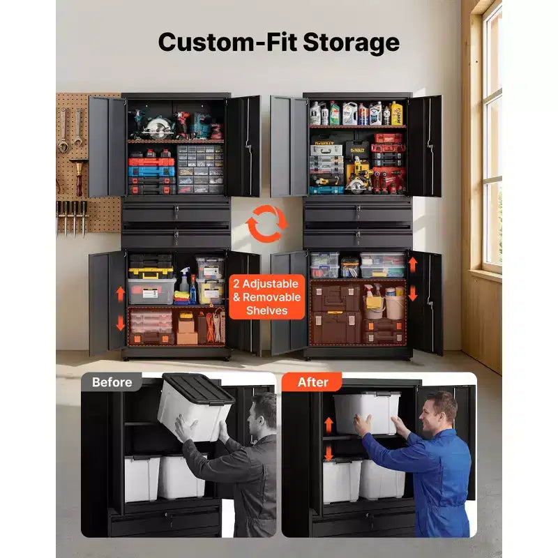VEVOR Metal Storage Cabinet, 180 lbs Shelf Load Capacity, 70.87 Tall Garage Tool Storage Cabinet with 4 Locking Doors and Shelves, 2 Drawers, Black