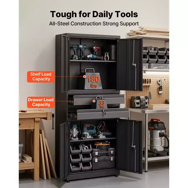 VEVOR Metal Storage Cabinet, 180 lbs Shelf Load Capacity, 70.87 Tall Garage Tool Storage Cabinet with 4 Locking Doors and Shelves, 2 Drawers, Black