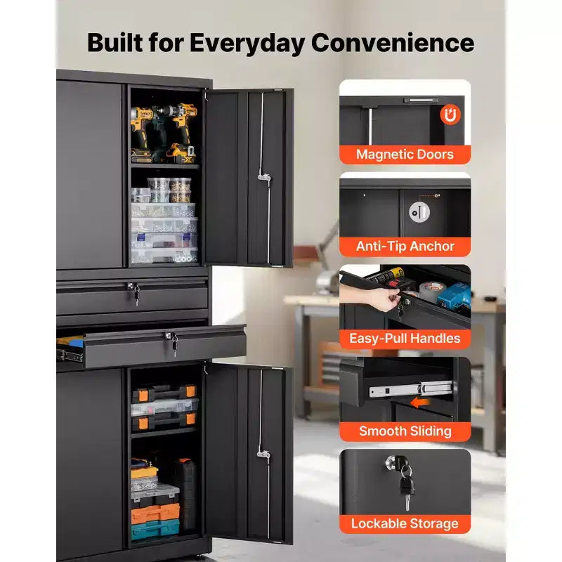 VEVOR Metal Storage Cabinet, 180 lbs Shelf Load Capacity, 70.87 Tall Garage Tool Storage Cabinet with 4 Locking Doors and Shelves, 2 Drawers, Black