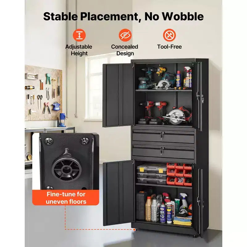 VEVOR Metal Storage Cabinet, 180 lbs Shelf Load Capacity, 70.87 Tall Garage Tool Storage Cabinet with 4 Locking Doors and Shelves, 2 Drawers, Black
