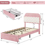 Lit plateforme en velours de taille double avec tête de lit capitonnée à motifs de biscuits, tiroir de rangement, lattes en bois robustes, aucun sommier tapissier requis, assemblage facile