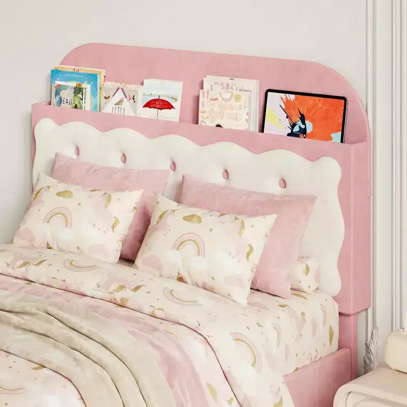 Lit plateforme en velours de taille double avec tête de lit capitonnée à motifs de biscuits, tiroir de rangement, lattes en bois robustes, aucun sommier tapissier requis, assemblage facile