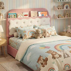 Lit plateforme en velours de taille double avec tête de lit capitonnée à motifs de biscuits, tiroir de rangement, lattes en bois robustes, aucun sommier tapissier requis, assemblage facile