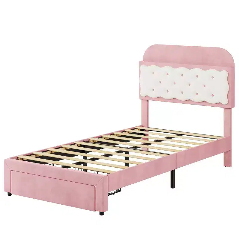 Lit plateforme en velours de taille double avec tête de lit capitonnée à motifs de biscuits, tiroir de rangement, lattes en bois robustes, aucun sommier tapissier requis, assemblage facile