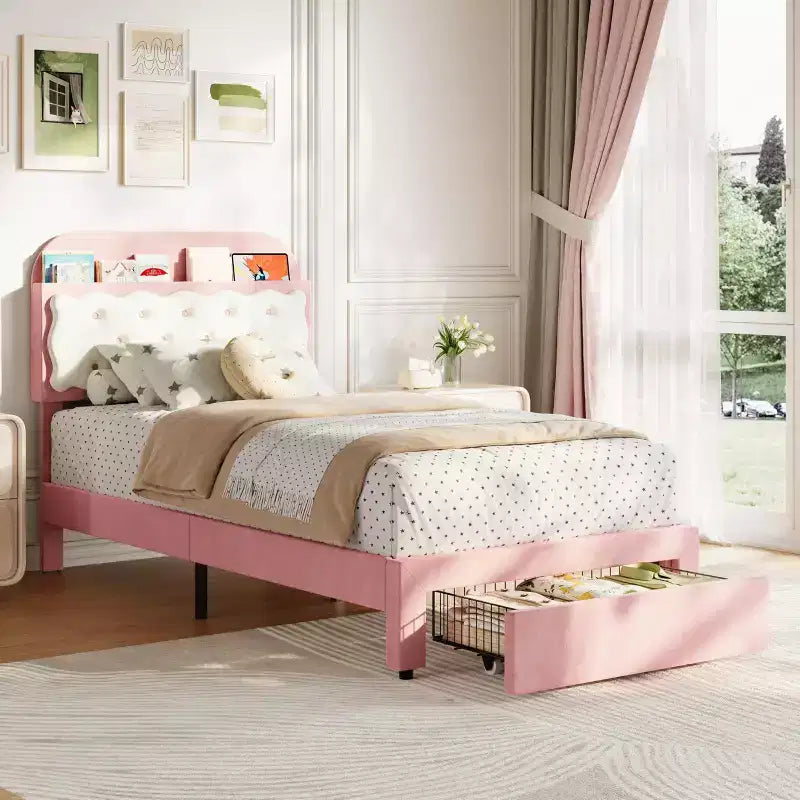 Lit plateforme en velours de taille double avec tête de lit capitonnée à motifs de biscuits, tiroir de rangement, lattes en bois robustes, aucun sommier tapissier requis, assemblage facile