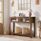 Console en bois à 2 niveaux avec 2 tiroirs en verre, table de canapé d'entrée de 43,3 po de rangement pour salon, foyer et couloir, marron rétro