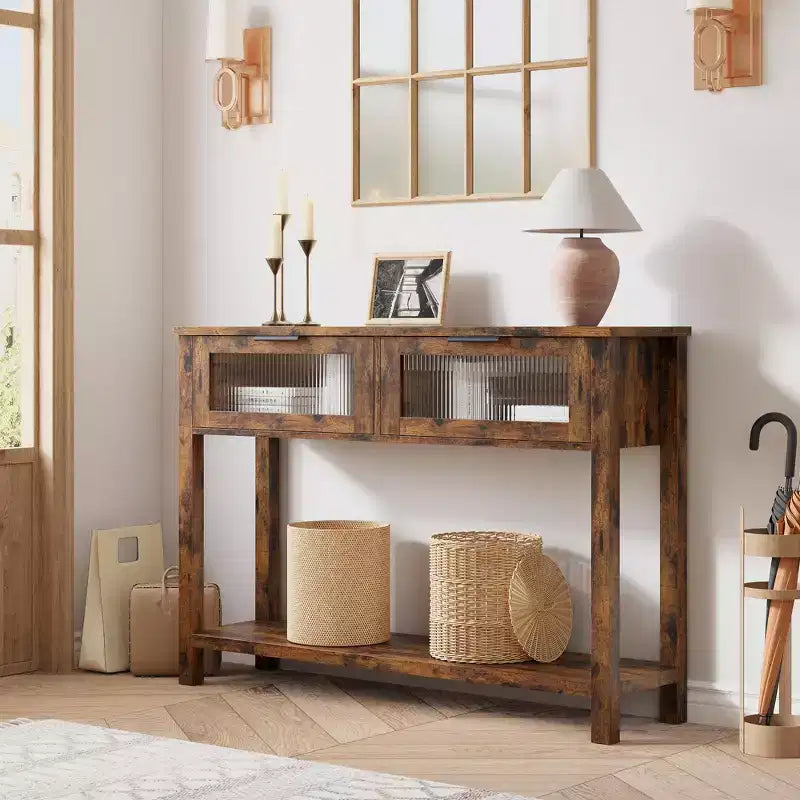 Console en bois à 2 niveaux avec 2 tiroirs en verre, table de canapé d'entrée de 43,3 po de rangement pour salon, foyer et couloir, marron rétro