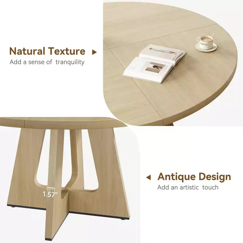 47 Round Wood Dining Table for 4-6 People - Farmhouse Kitchen Table with Cross Base and Mid Century Design
