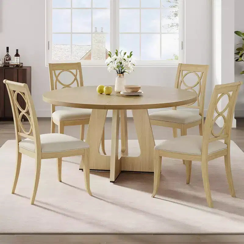 47 Round Wood Dining Table for 4-6 People - Farmhouse Kitchen Table with Cross Base and Mid Century Design
