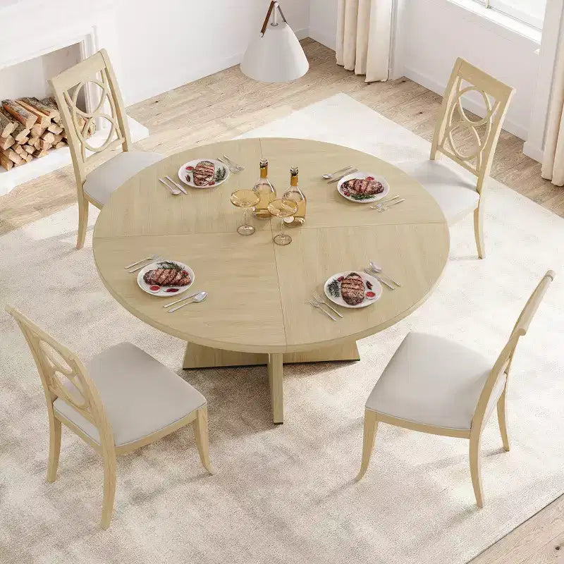47 Round Wood Dining Table for 4-6 People - Farmhouse Kitchen Table with Cross Base and Mid Century Design