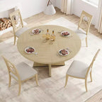 47 Round Wood Dining Table for 4-6 People - Farmhouse Kitchen Table with Cross Base and Mid Century Design
