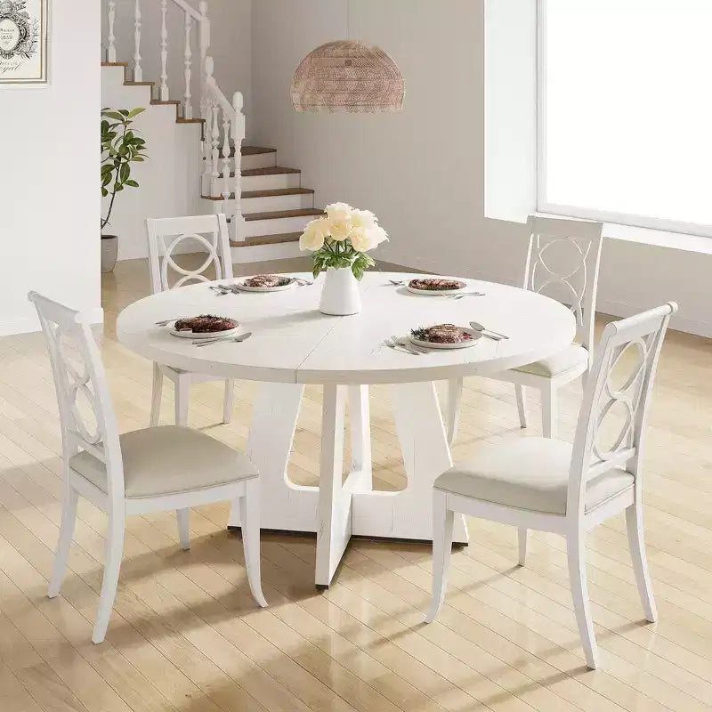 47 Round Wood Dining Table for 4-6 People - Farmhouse Kitchen Table with Cross Base and Mid Century Design