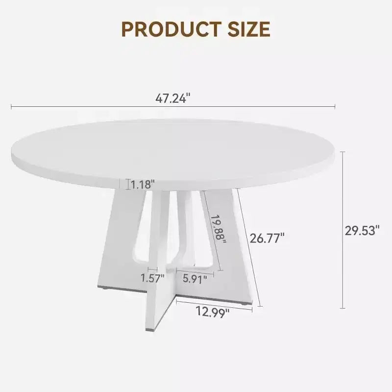 47 Round Wood Dining Table for 4-6 People - Farmhouse Kitchen Table with Cross Base and Mid Century Design