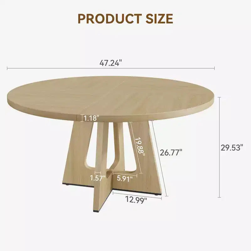 47 Round Wood Dining Table for 4-6 People - Farmhouse Kitchen Table with Cross Base and Mid Century Design