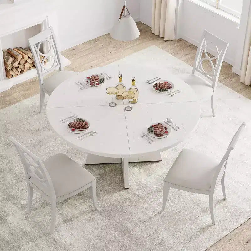 47 Round Wood Dining Table for 4-6 People - Farmhouse Kitchen Table with Cross Base and Mid Century Design