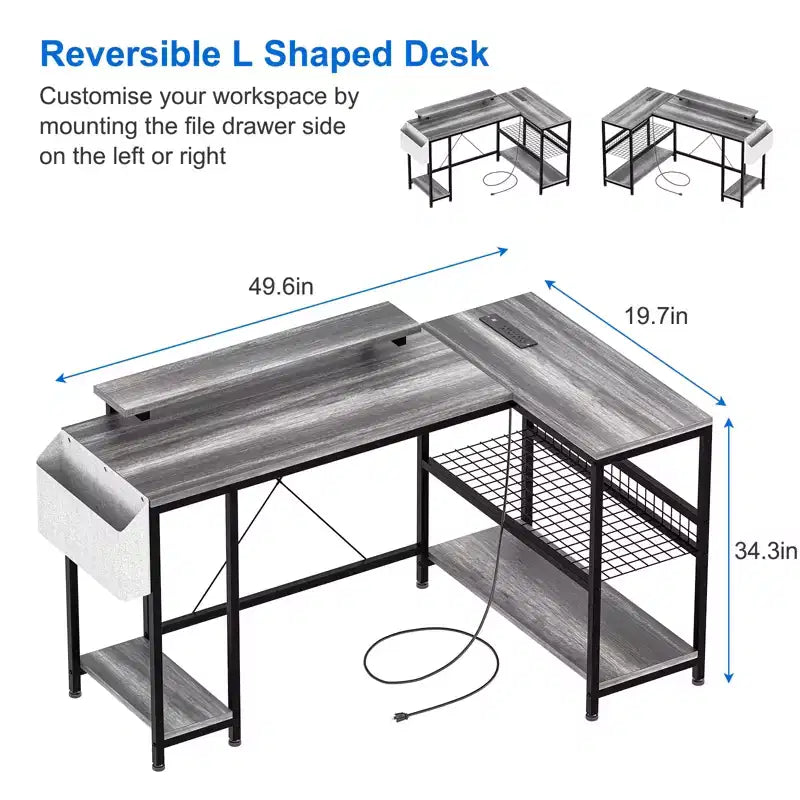 49 L-Shaped Computer Desk with LED Lights and Power Outlet - Reversible Corner Gaming Table with Monitor Stand & Storage Shelves