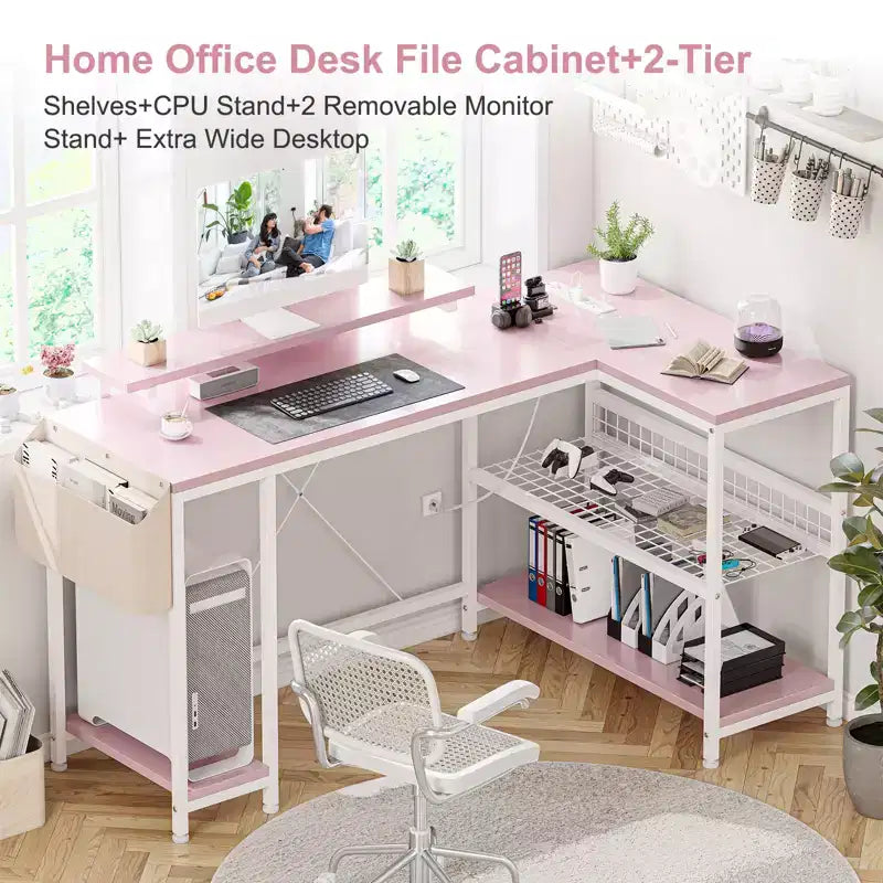 49 L-Shaped Computer Desk with LED Lights and Power Outlet - Reversible Corner Gaming Table with Monitor Stand & Storage Shelves