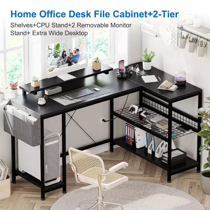 49 L-Shaped Computer Desk with LED Lights and Power Outlet - Reversible Corner Gaming Table with Monitor Stand & Storage Shelves
