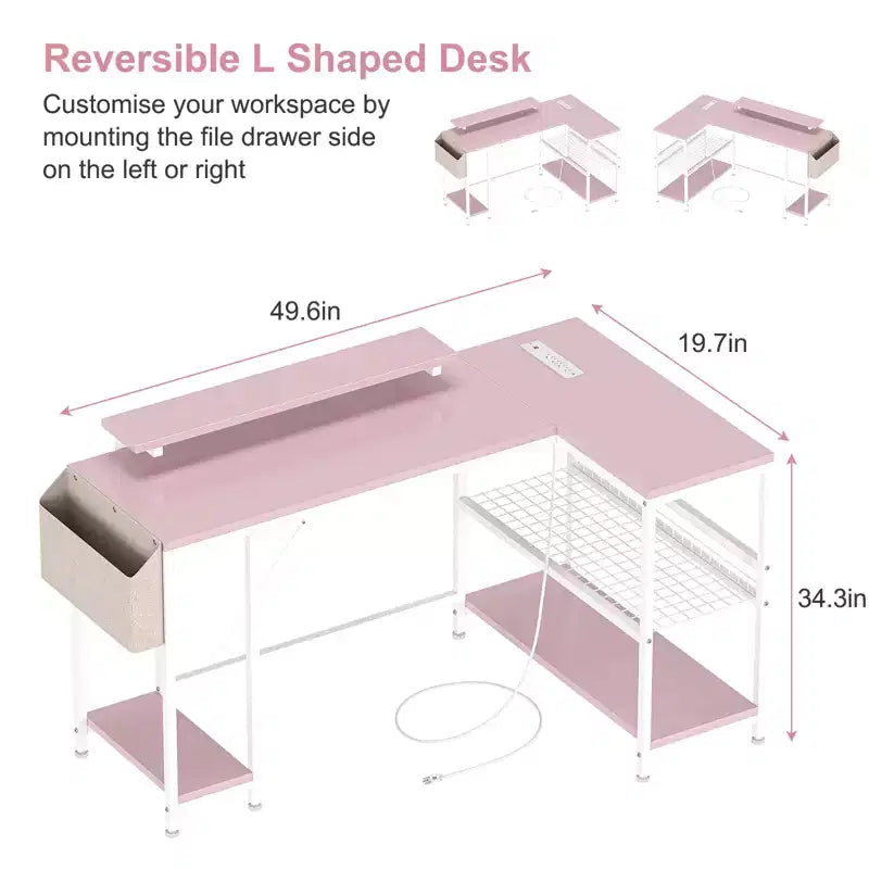 49 L-Shaped Computer Desk with LED Lights and Power Outlet - Reversible Corner Gaming Table with Monitor Stand & Storage Shelves