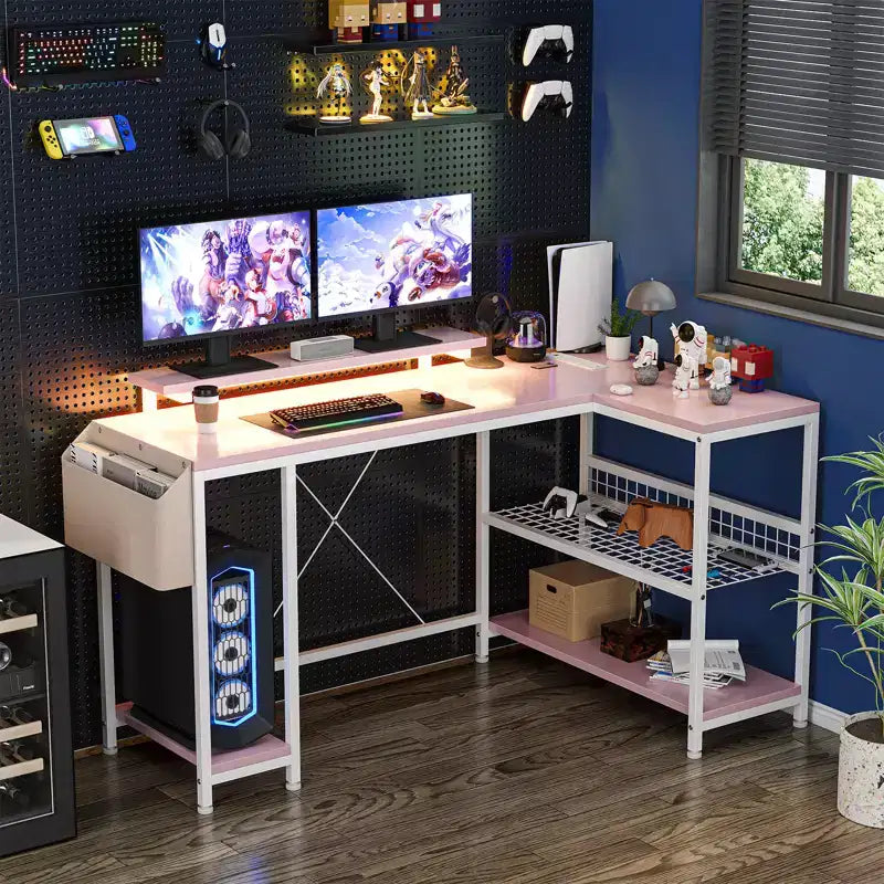 49 L-Shaped Computer Desk with LED Lights and Power Outlet - Reversible Corner Gaming Table with Monitor Stand & Storage Shelves