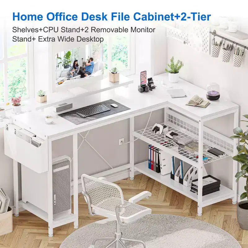 49 L-Shaped Computer Desk with LED Lights and Power Outlet - Reversible Corner Gaming Table with Monitor Stand & Storage Shelves