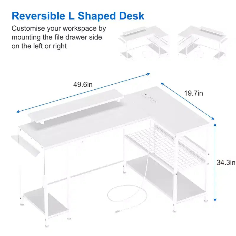 49 L-Shaped Computer Desk with LED Lights and Power Outlet - Reversible Corner Gaming Table with Monitor Stand & Storage Shelves