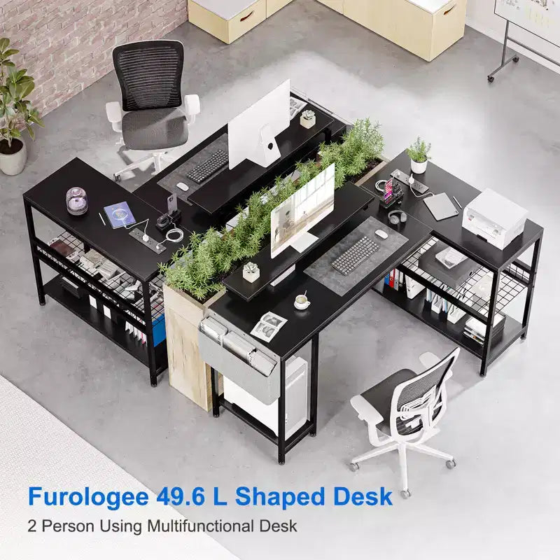 49 L-Shaped Computer Desk with LED Lights and Power Outlet - Reversible Corner Gaming Table with Monitor Stand & Storage Shelves