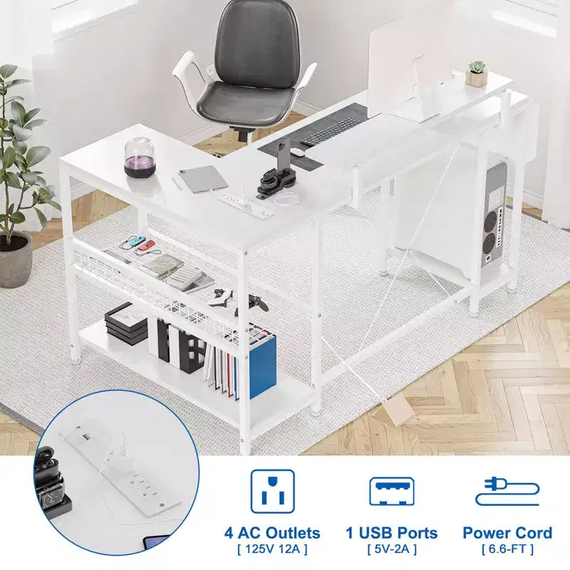 49 L-Shaped Computer Desk with LED Lights and Power Outlet - Reversible Corner Gaming Table with Monitor Stand & Storage Shelves