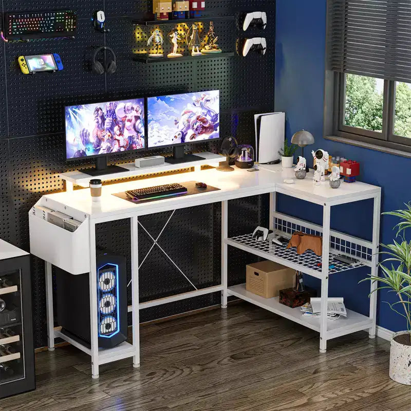 49 L-Shaped Computer Desk with LED Lights and Power Outlet - Reversible Corner Gaming Table with Monitor Stand & Storage Shelves