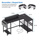 49 L-Shaped Computer Desk with LED Lights and Power Outlet - Reversible Corner Gaming Table with Monitor Stand & Storage Shelves