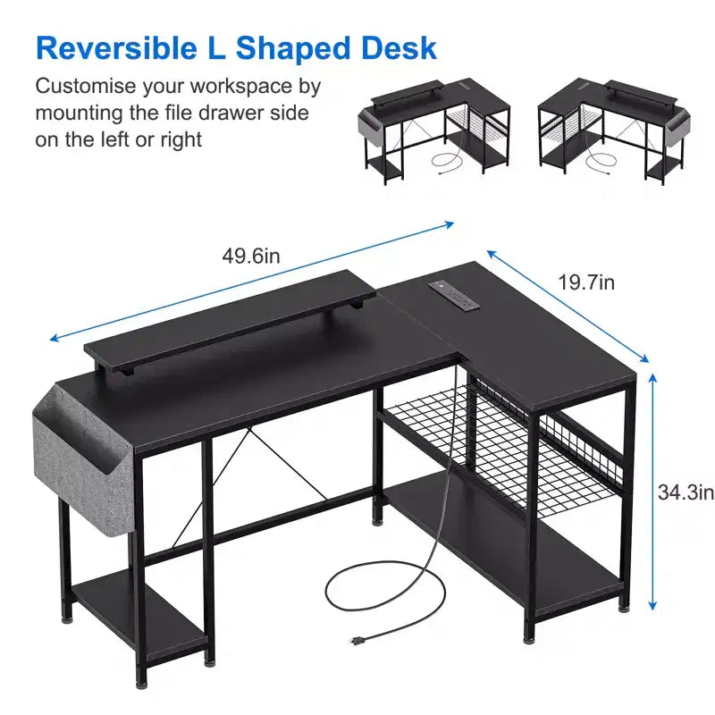 49 L-Shaped Computer Desk with LED Lights and Power Outlet - Reversible Corner Gaming Table with Monitor Stand & Storage Shelves