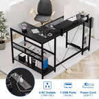 49 L-Shaped Computer Desk with LED Lights and Power Outlet - Reversible Corner Gaming Table with Monitor Stand & Storage Shelves